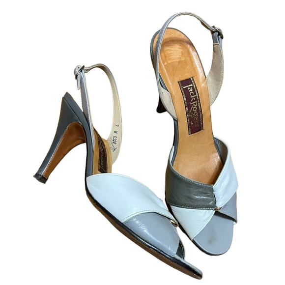 Jack Rogers Peep Toe Slingback Heeled Sandals Womens 7 Narrow Grey White Vintage - Picture 1 of 8